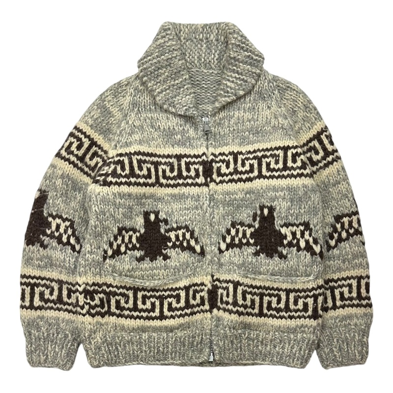 Vintage Hand Knit Wool Cowichan Siwash Thunderbird Full Zip Jacket Grey/Brown