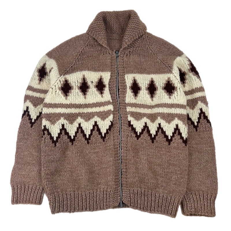 Vintage Cowichan Knitted Zip Sweater Brown/Cream