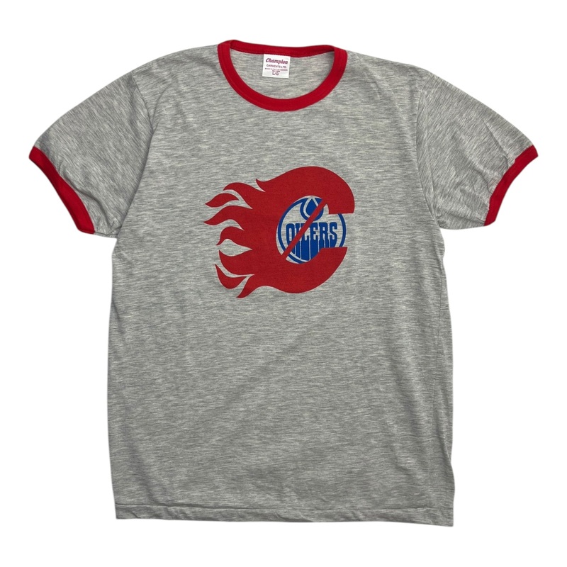 Vintage Calgary Flames Over Oilers Ringer T-Shirt Grey