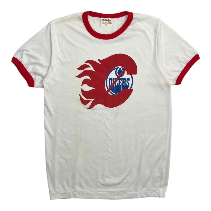 Vintage Calgary Flames Over Oilers Ringer T-Shirt White