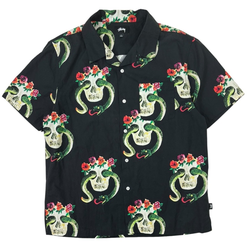 Stussy Skull & Snake Button-Up T-Shirt Black