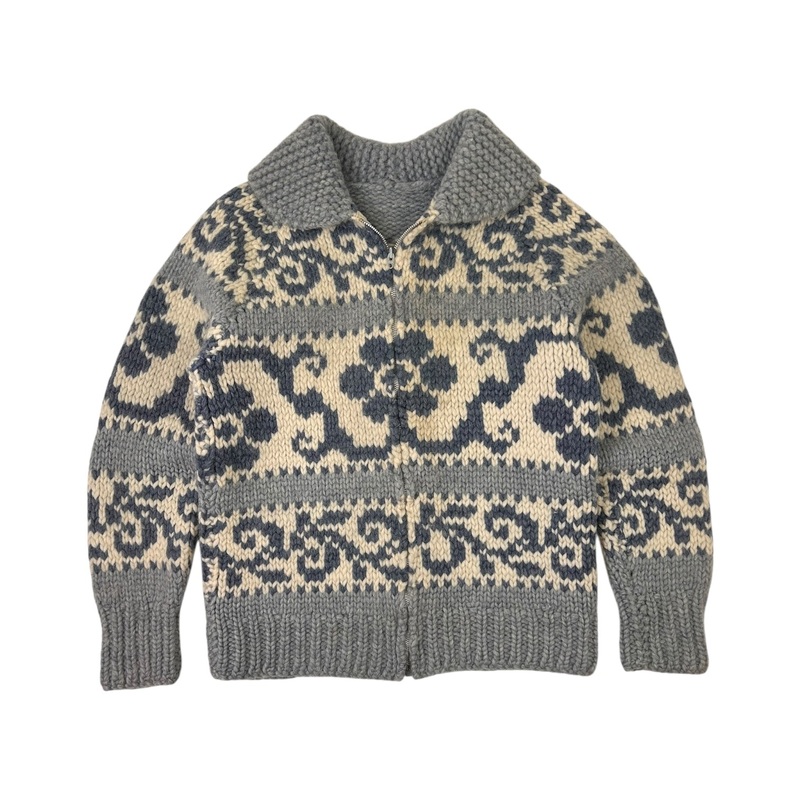 Vintage Wool Cowichan Floral Knit Zip-Up Sweater Blue/Cream