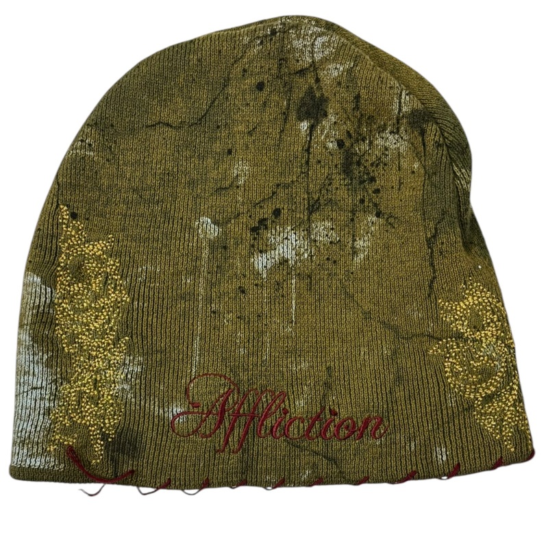 Vintage Y2K Affliction Angel Skullcap Beanie Olive
