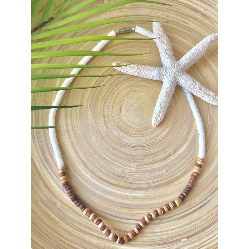 Clam Rose Shell & Coco Heishi Bead Necklace 18 (Brown/Beige)