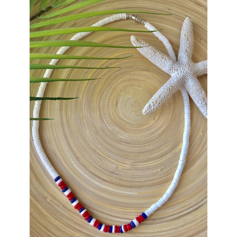 Clam Rose Shell & Coco Heishi Bead Necklace 18 (Navy/Rust)