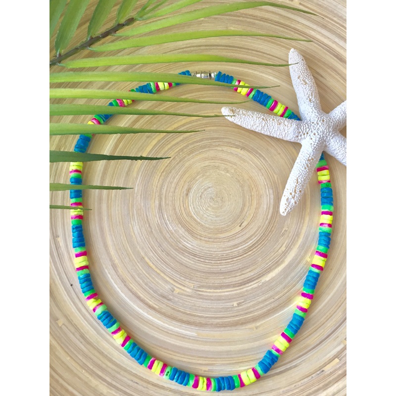 Neon Heishi Bead Necklace 18 (Blue/Lime/Pink/Yellow)
