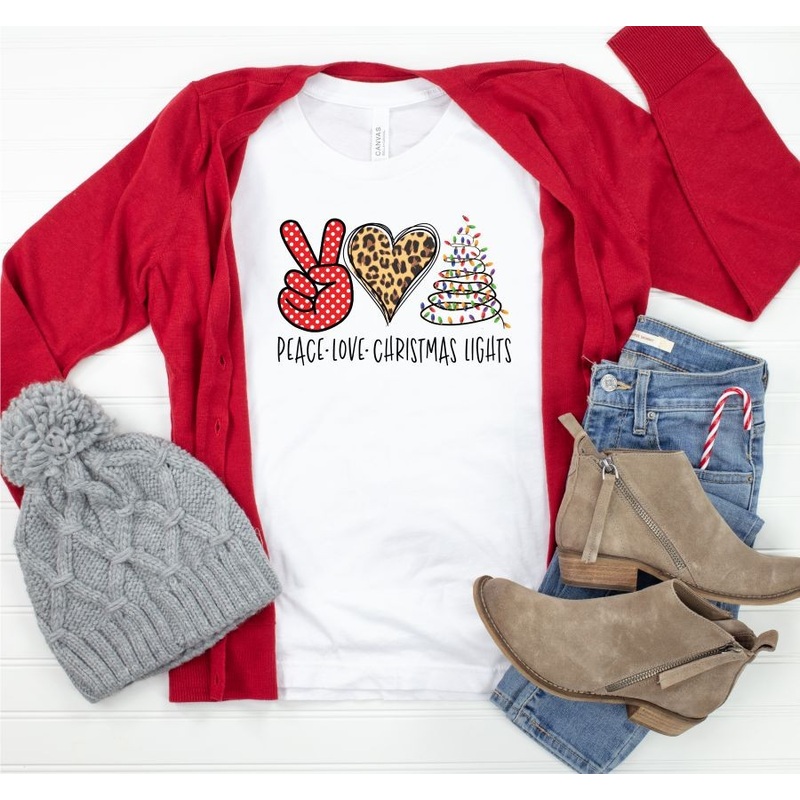 Peace Love Christmas Lights Crew Neck Tee