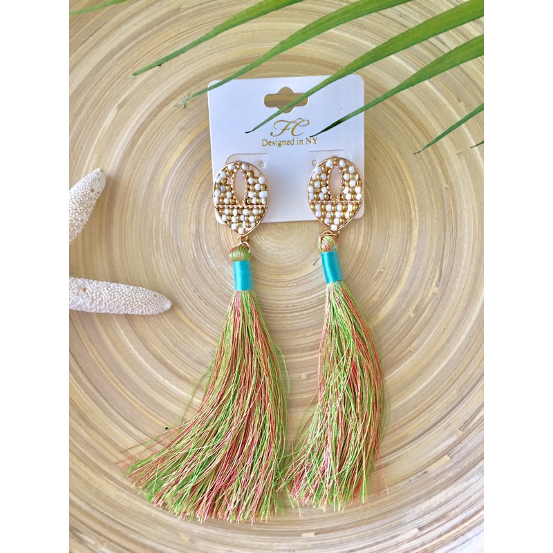 White Bead and Tassel Earring