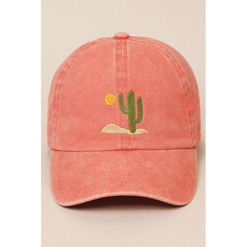 Cactus Embroidery Washed Baseball Cap (Burnt Orange)