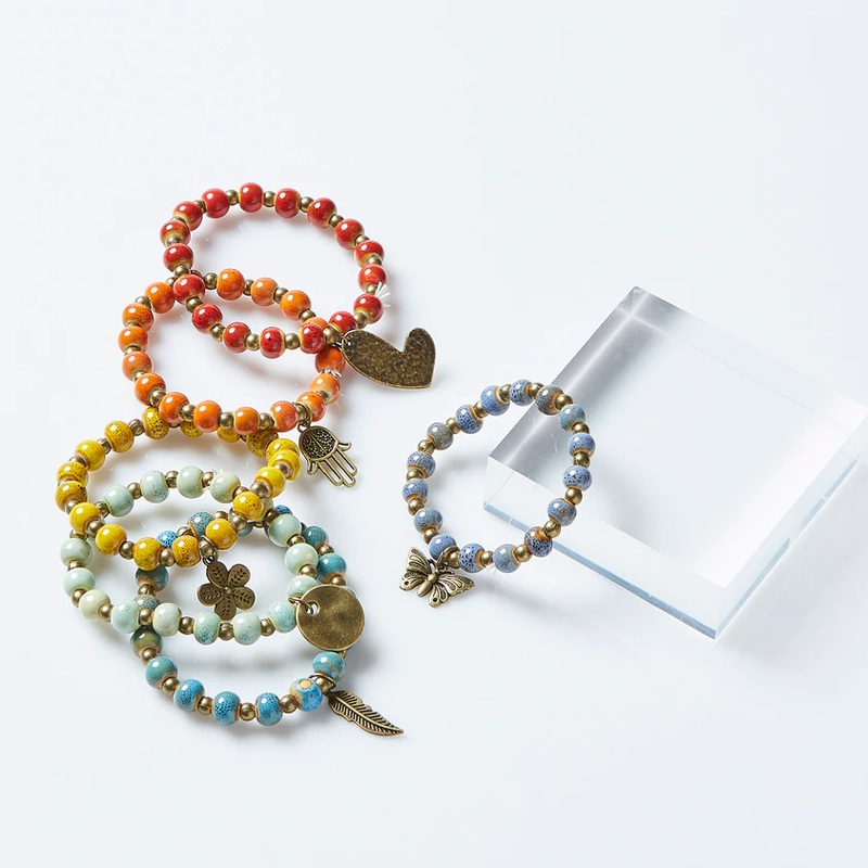 Clay Bead Charm Bracelet|Heart/Red|Hand/Orange|Flower/Yellow|Coin/Mint|Feather/Teal|Butterfly/Blue