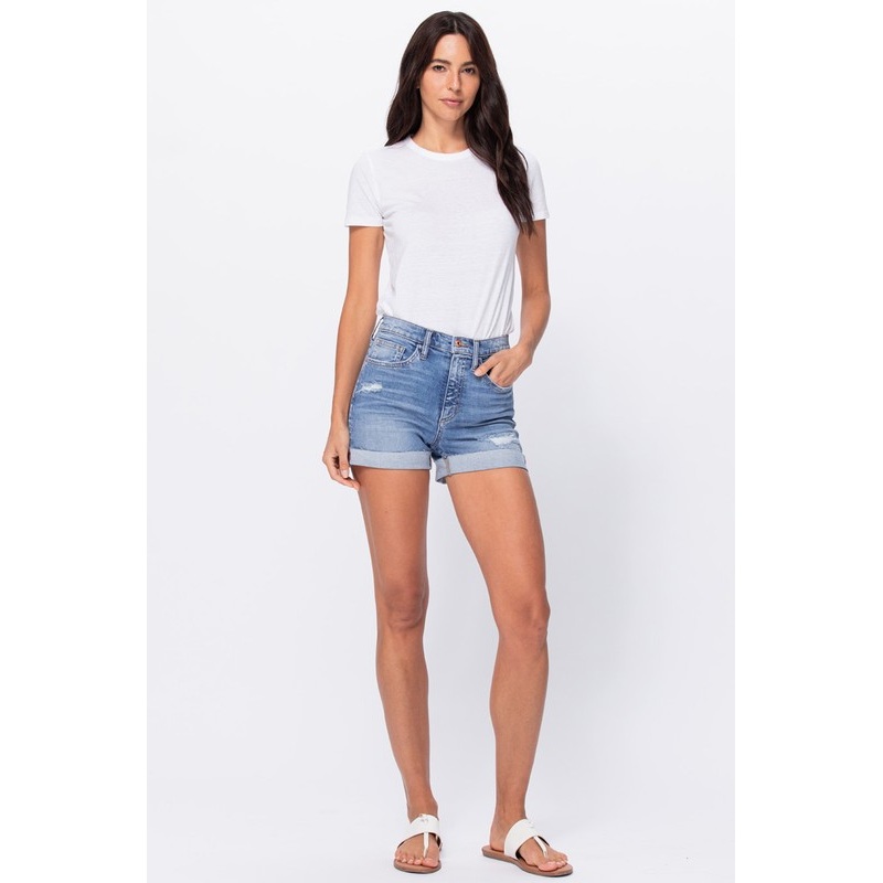 Distressed High Rise Shorts with Raw Cuff Hem