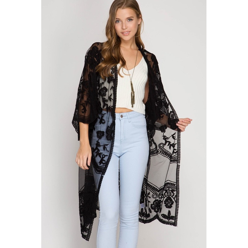 Half-Sleeve Crochet Lace Midi Kimono (Black)