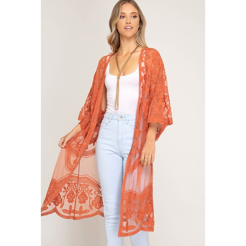 Half-Sleeve Crochet Lace Midi Kimono (Carrot)