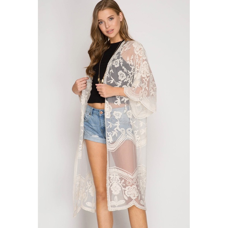 Half-Sleeve Crochet Lace Midi Kimono (Ivory)