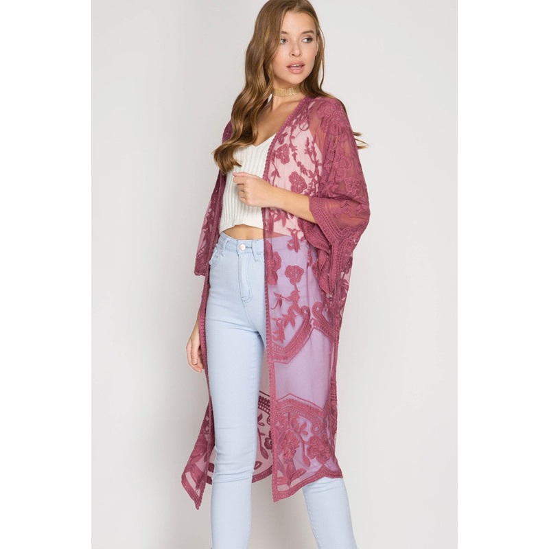 Half-Sleeve Crochet Lace Midi Kimono (Mauve)
