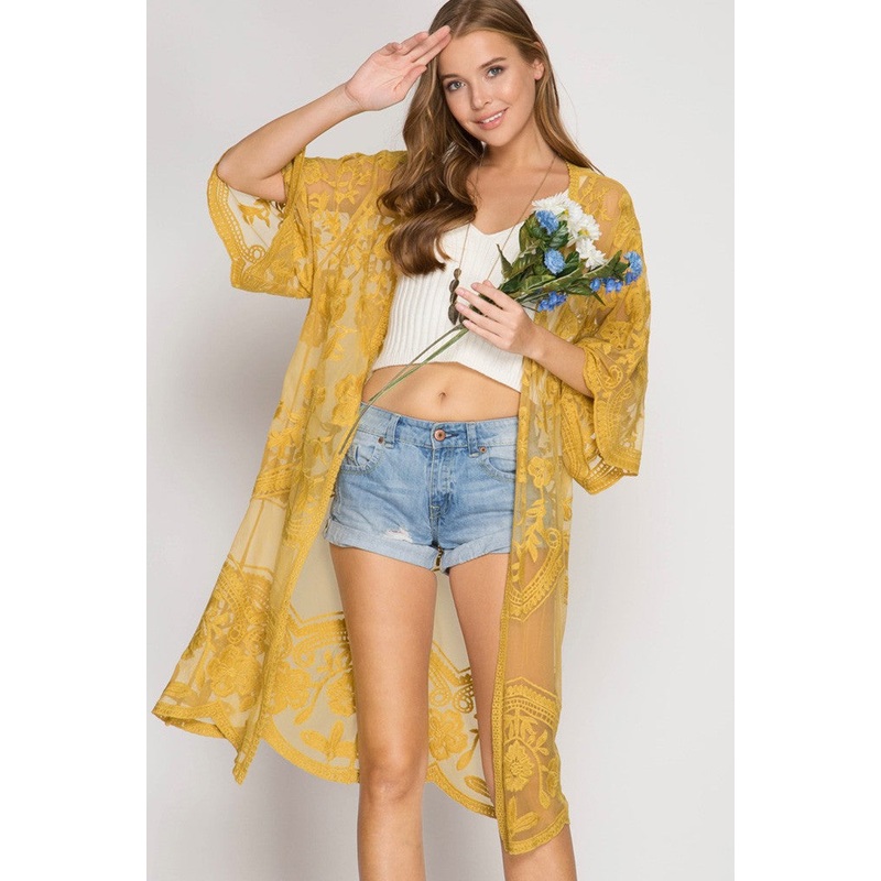 Half-Sleeve Crochet Lace Midi Kimono (Mustard)