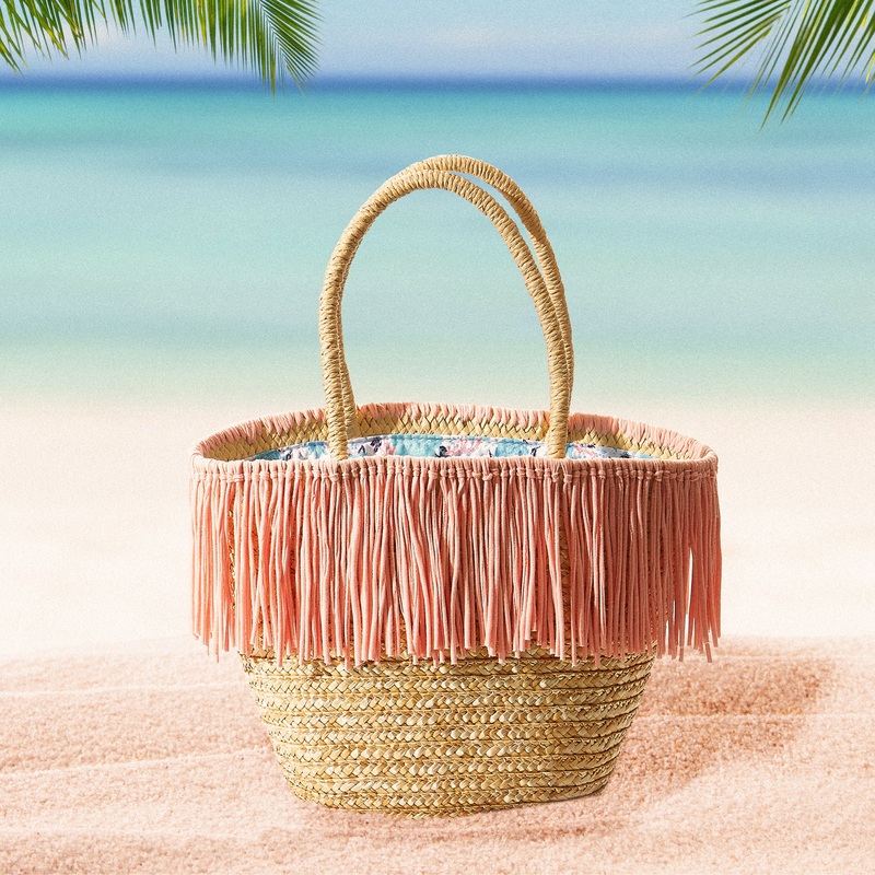 Maya Pink Fringe Cinch Top Straw Bag
