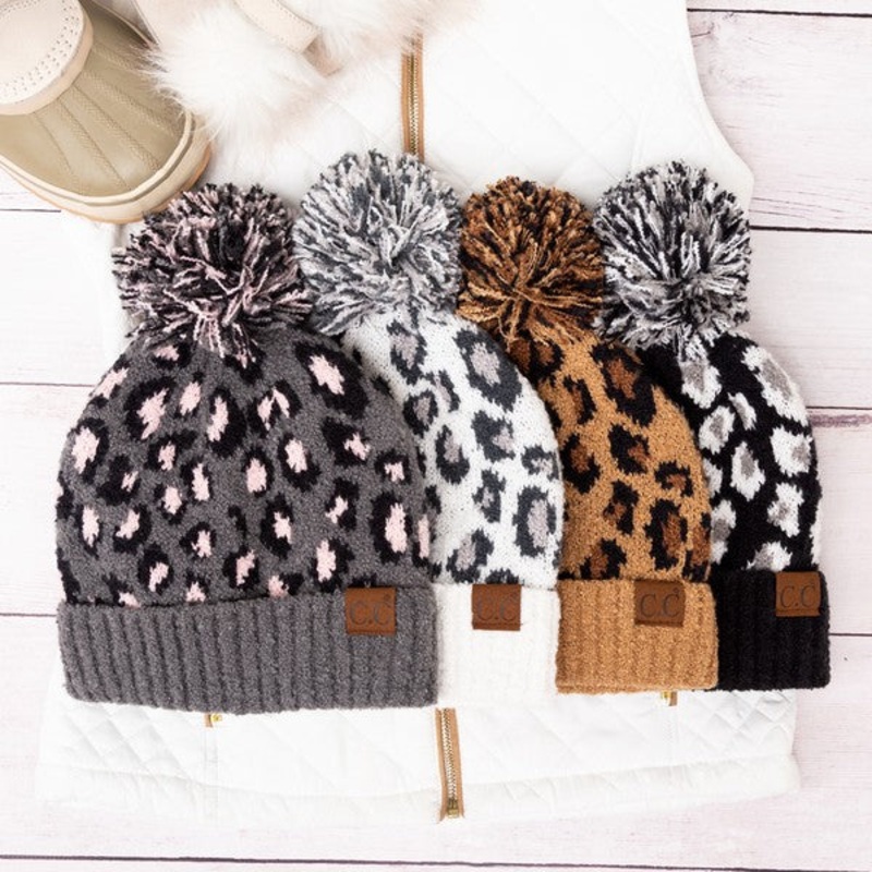 CC Leopard Pom Beanie|Black|Ivory|Latte|Lt. Mel Gray|OneSize