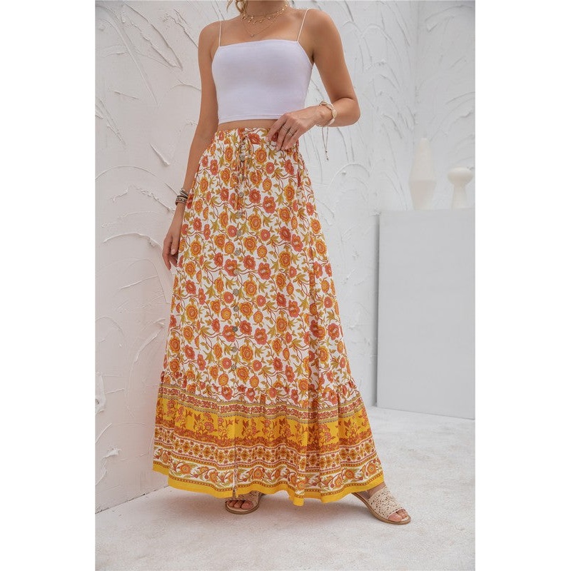 Floral Print Maxi Skirt|Orange|Green|Red|Small|Medium|Large|XL