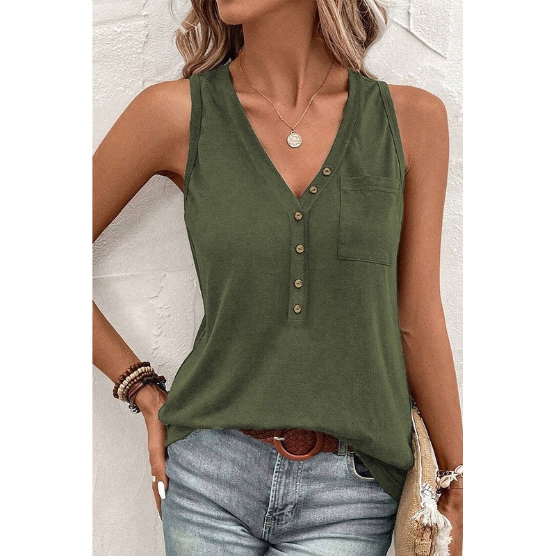 Half Button V Neck Patched Pocket Tank Top