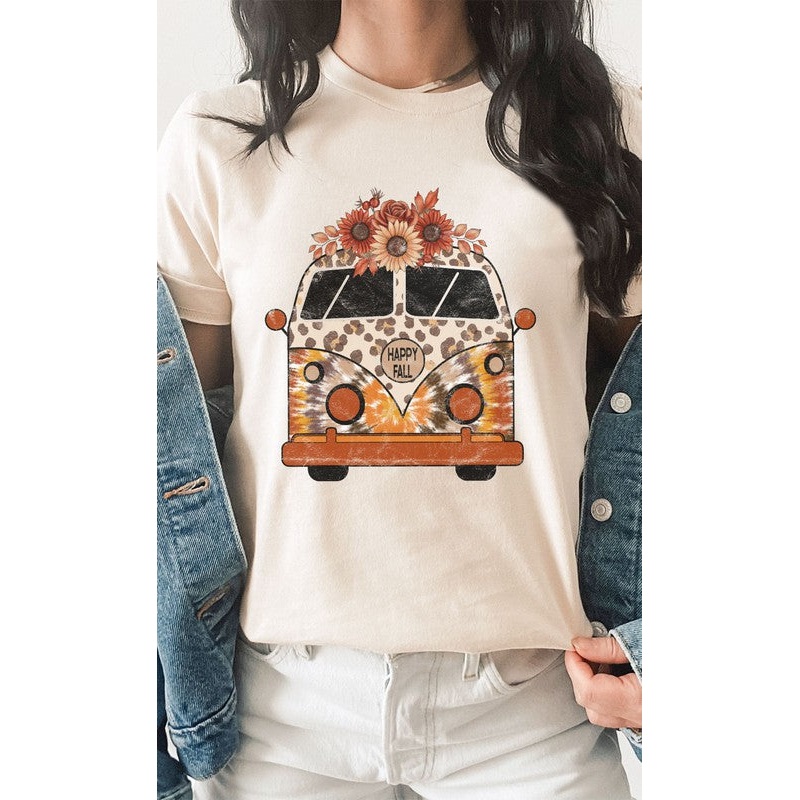 Happy Fall Leopard Floral VW Bus Graphic Tee