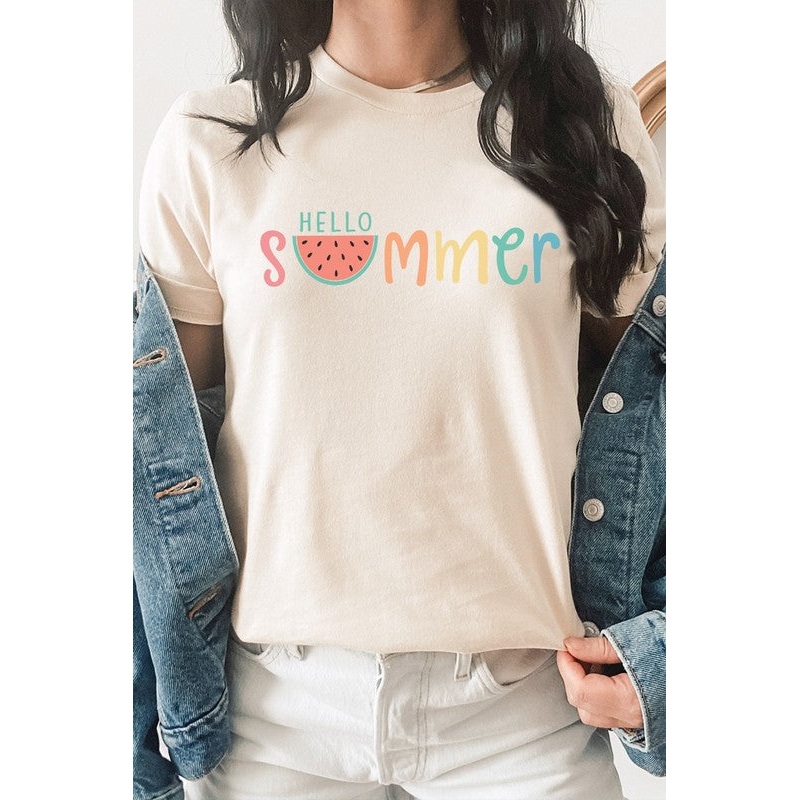 Hello Summer Pastel Rainbow Watermelon Graphic Tee