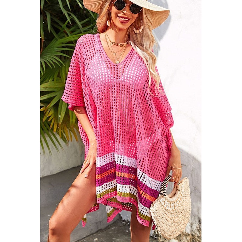 Striped Open Knit Cover-Up|Magenta|Orange|White|One Size