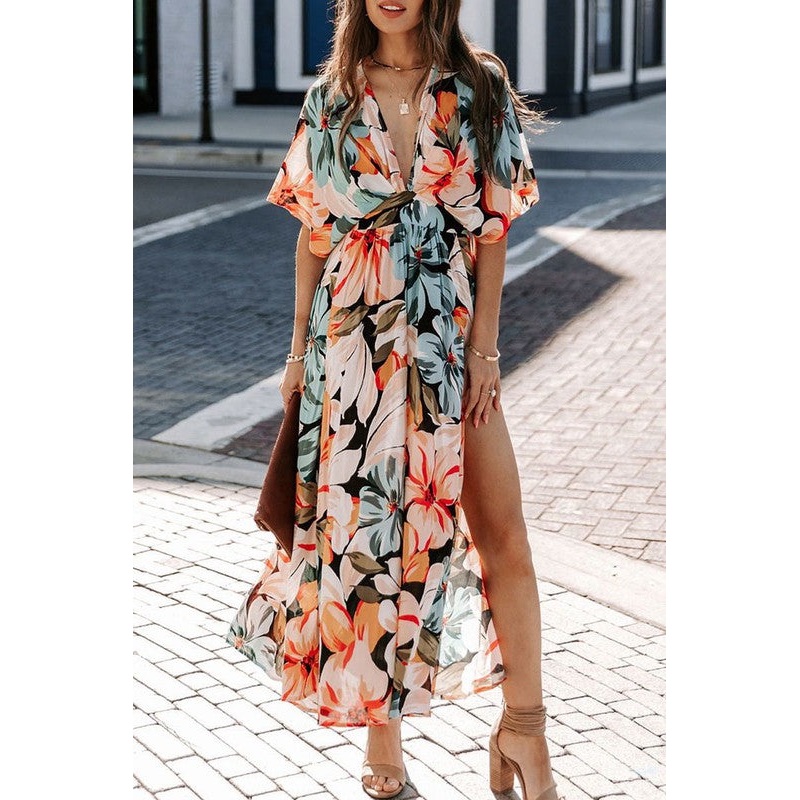 Tropical Floral Midi Dress|Orange|Blue|Red|Small|Medium|Large|XL