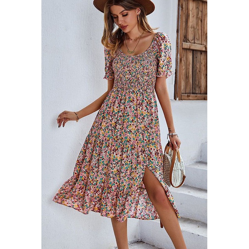 Floral Dress with Slit|Green|Yellow|Small|Medium|Large|XL
