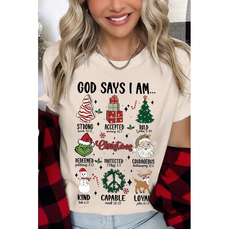 God Says I Am… Graphic Tee|Black|Mint|Ash|Athletic Heather|Autumn|Cream|Dark Grey Heather|Heather Navy|Ice Blue|Kelly Green|Maroon|Lilac|Mustard|Olive|Orange|Pink|Red|Vintage White|Sunset|Mauve|Small|Medium|Large|XL