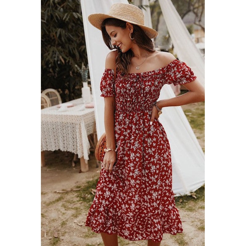 Off Shoulder Midi Floral Dress