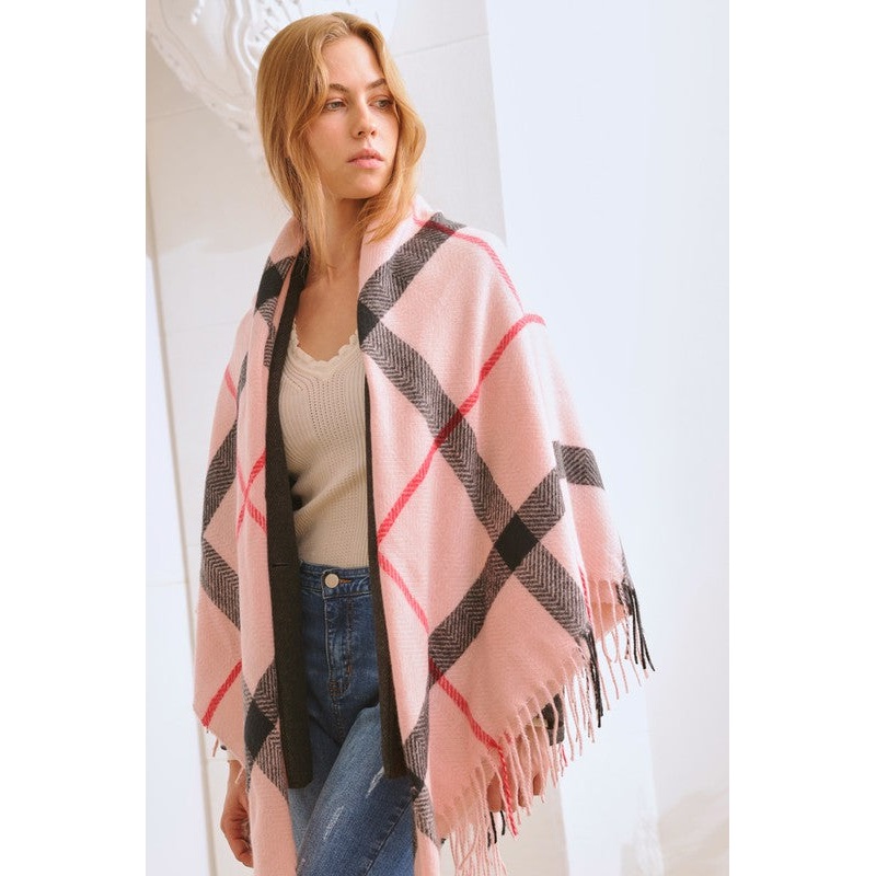 PLAID SQUARE FRINGE SHAWL SCARF