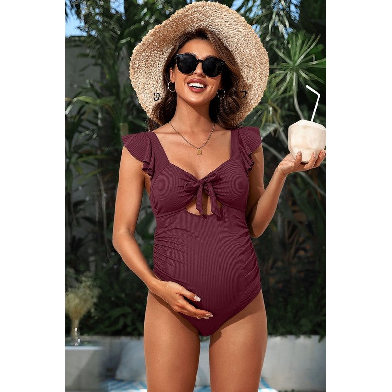 Ribbed Tie Knot Cutout Ruched Maternity Swimsuit