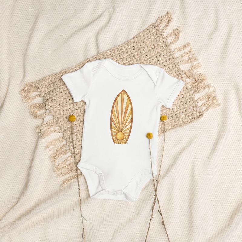 Sun Rays Surfboard Organic Cotton Baby Bodysuit