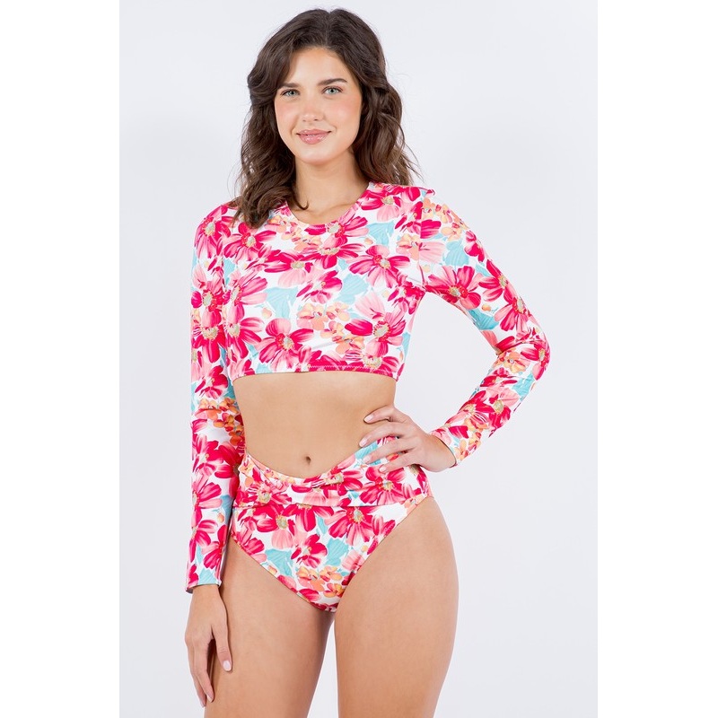TWO PIECE FLORAL PRINT LONG SLEEVE SWIMSUIT