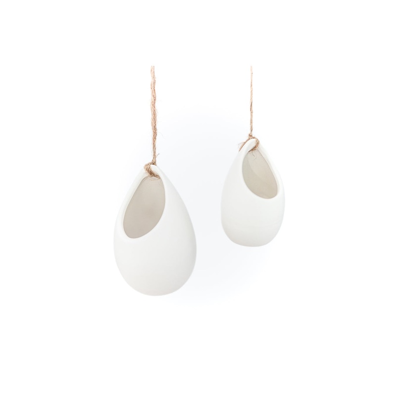 Large Ivory Ceramic Hanging Planter With Flat Bottom