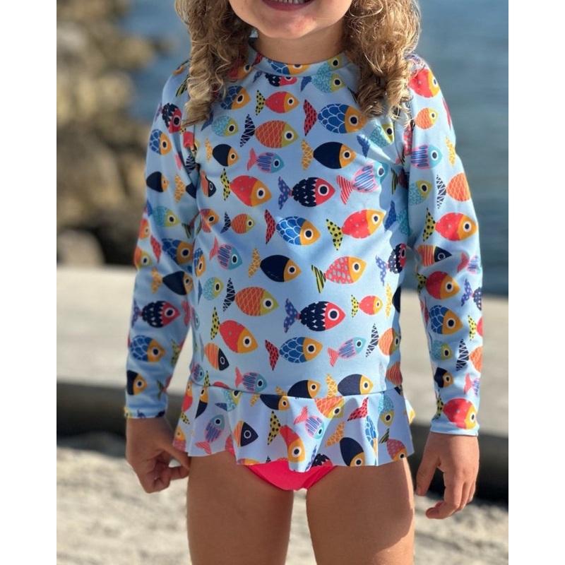Colorful Fish Long Sleeve Sun Shirt and Swim Bottom Set