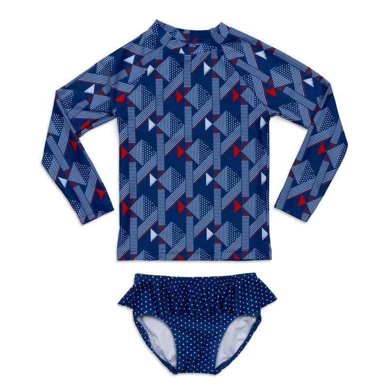 Patriotic Fish Girls Long Sleeve Sun Shirt and Skirted Swim Set