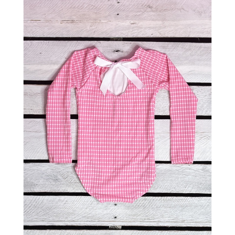 Textured Gingham Girls Long Sleeve with Bow Back