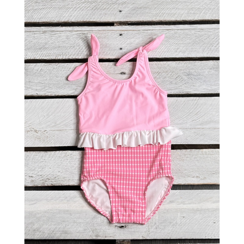 Textured Gingham Girls Skirted Swimsuit with Ties