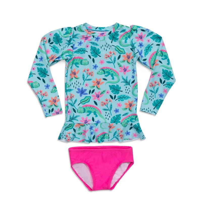 Tropical Iguanas Girls Long Sleeve Sun Shirt and Swim Bottom Set