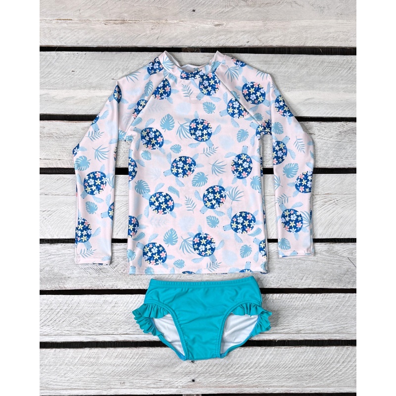 Turtley Cute Girls Long Sleeve Sun Shirt and Ruffled Bottom