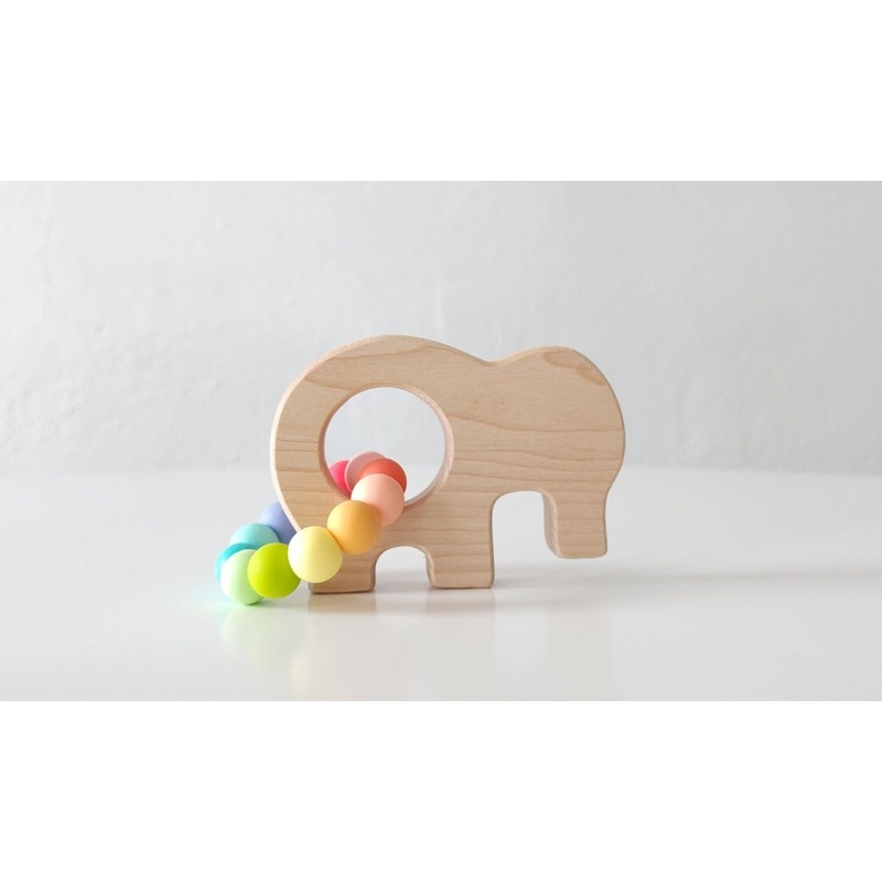 Elephant Wooden Grasping Toy with Teething Beads