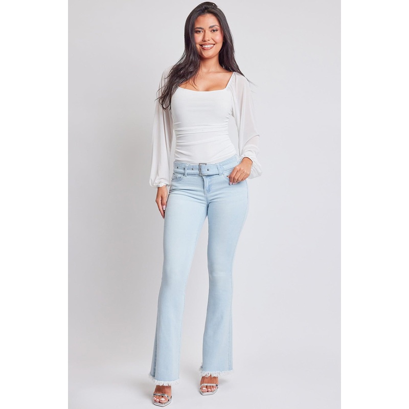 Women’s Belted Flare Jeans|Q Celeste Blue|M Medium Blue|W Black|K White|1|3|5|7|9|11|13