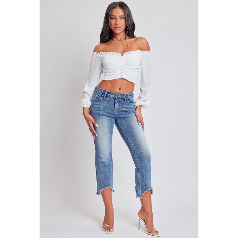 Women’s Mid Rise Kick Flare Fray Hem Cropped Jeans