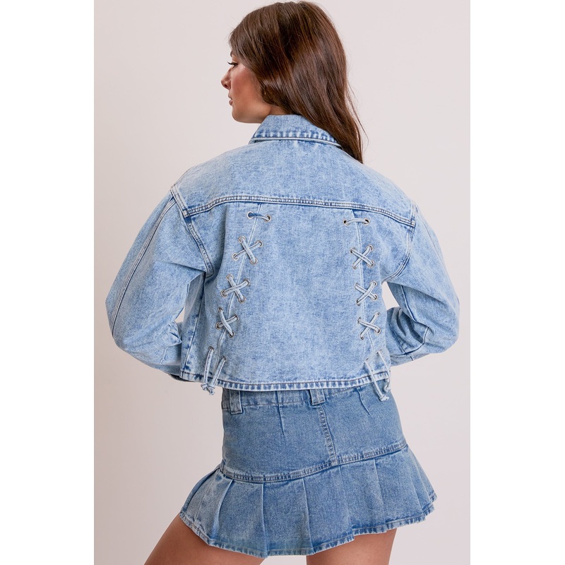 Women’s Cropped Lace Up Back Denim Jacket