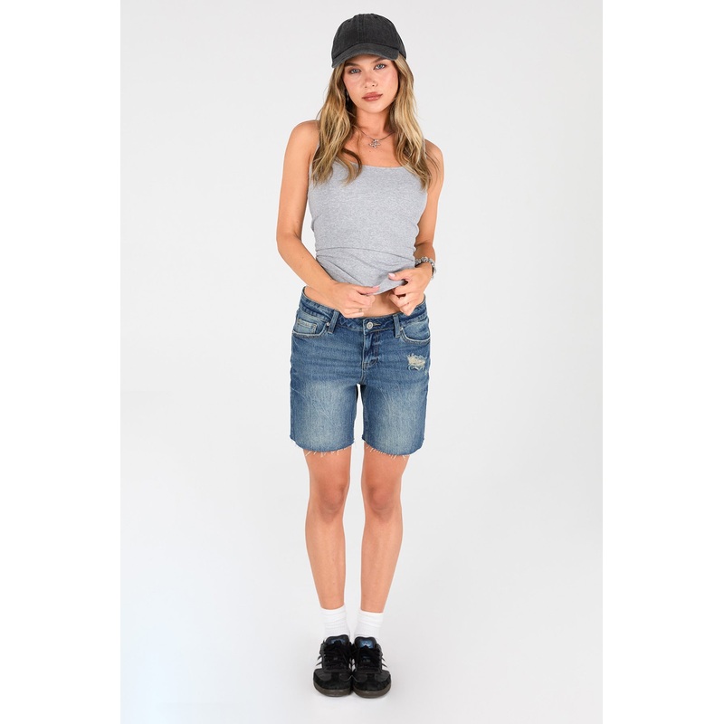 Women’s Luxe Mid Rise Long Short with Raw Hem