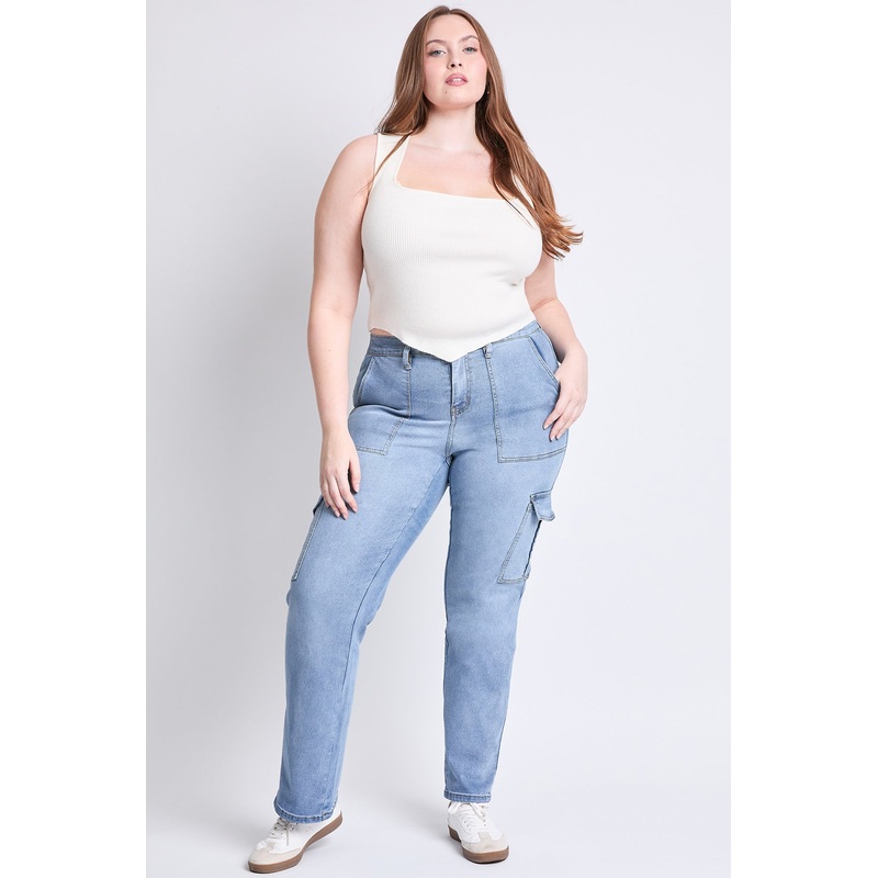 Women’s Plus High Rise Elastic Waist Cargo Straight Leg Jeans