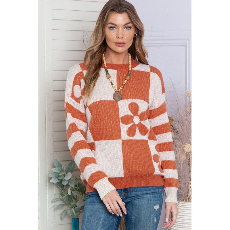 Checkered Floral Print Striped Sleeve Sweater