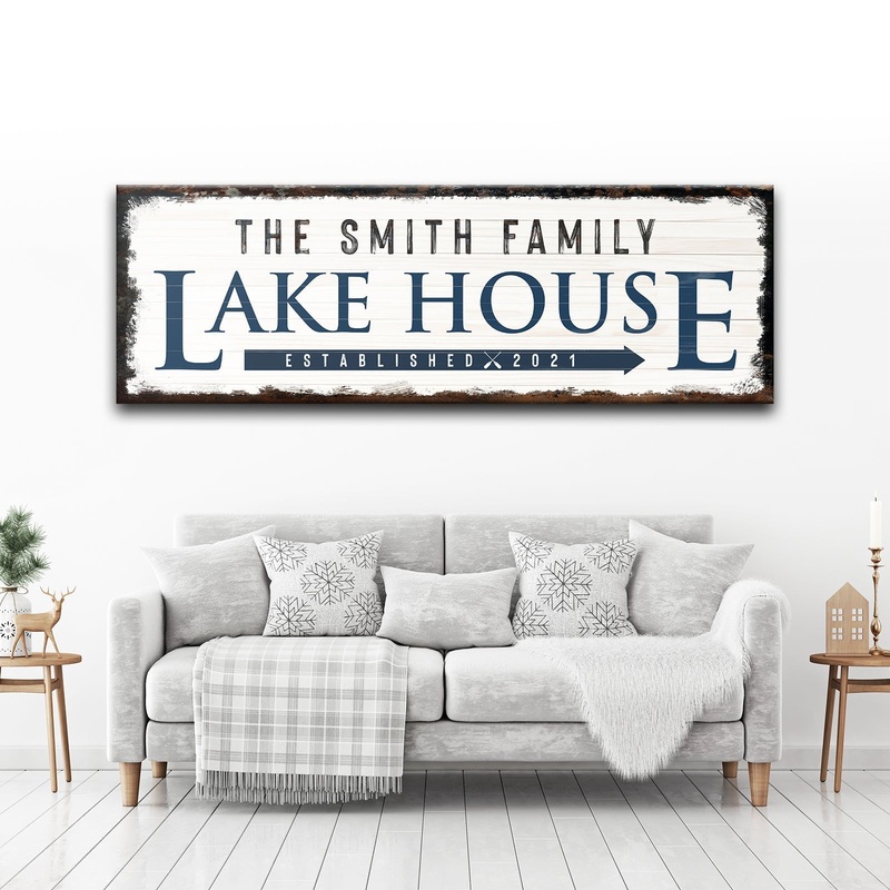 Family Lake House Arrow Sign|12×36 inch Medium Premium Gallery Wrapped|16×48 inch Large Premium Gallery Wrapped|20×60 inch Extra Large Premium Gallery Wrapped